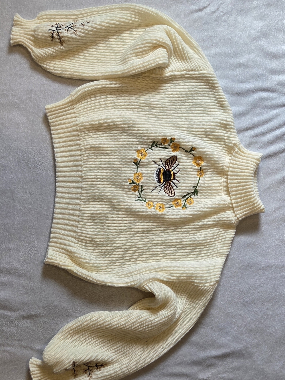Cream Ribbed Sweater with Bee Embroidery